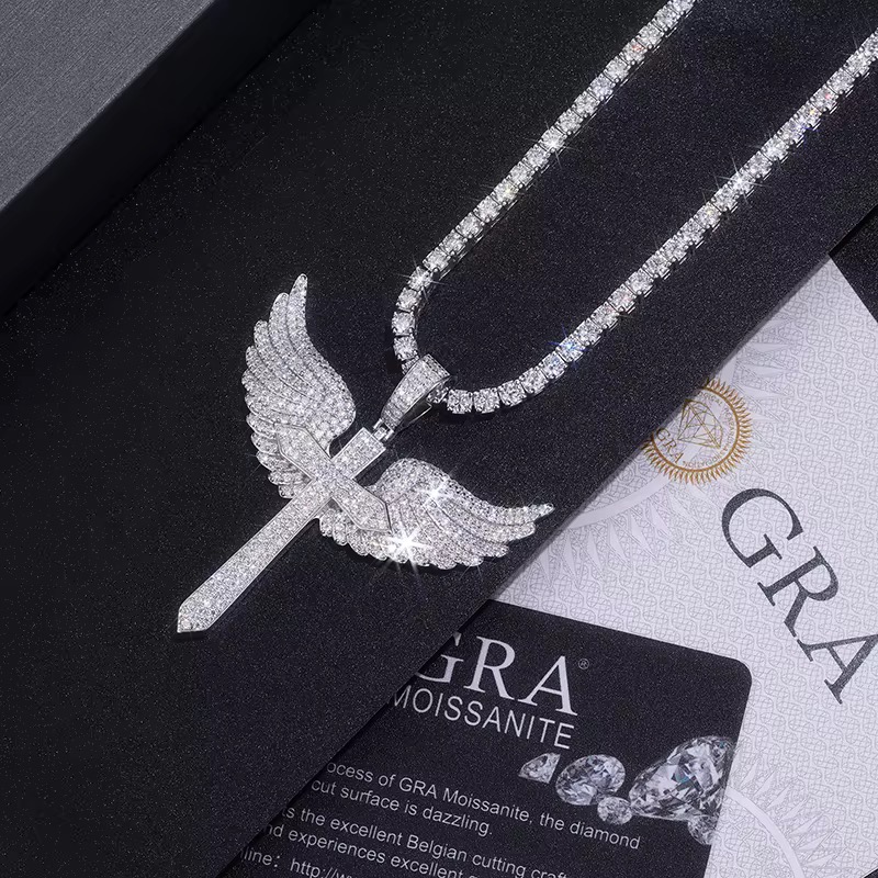 925 Sterling Silver Angel Wing Cross Pendant | VVS Moissanite | GRA Certified