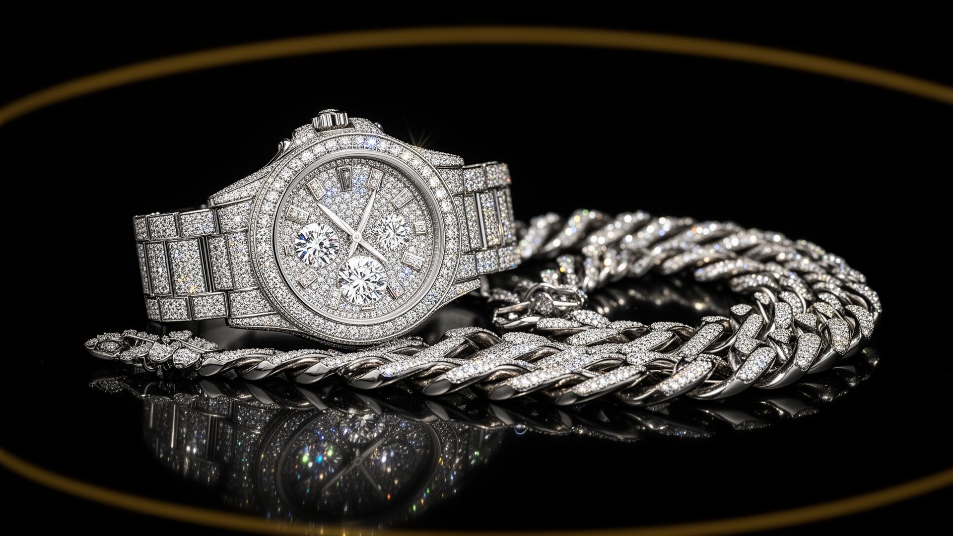 Iced out moissanite watch and chain